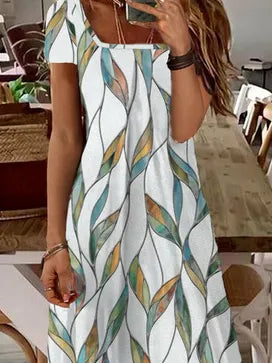 Women Printed Casual Square Neck Short Sleeve Maxi Dress