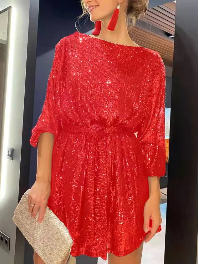 Women Plain Crew Neck Three Quarter Sleeve Comfy Party Midi Dress