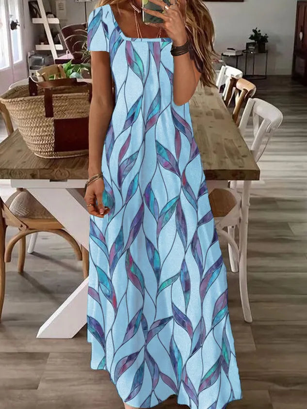 Women Printed Casual Square Neck Short Sleeve Maxi Dress