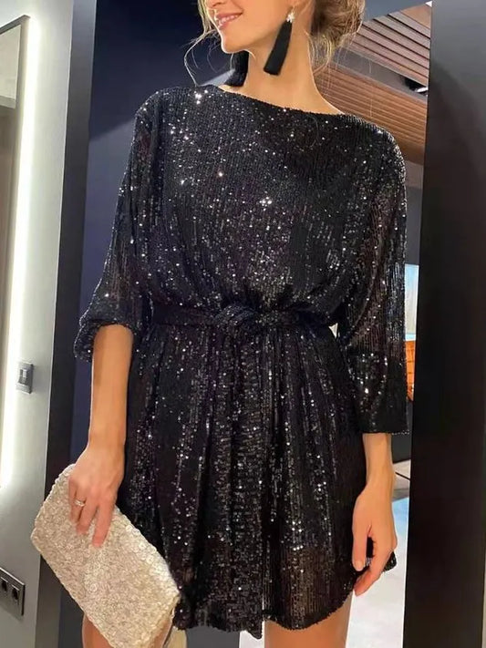 Women Plain Crew Neck Three Quarter Sleeve Comfy Party Midi Dress