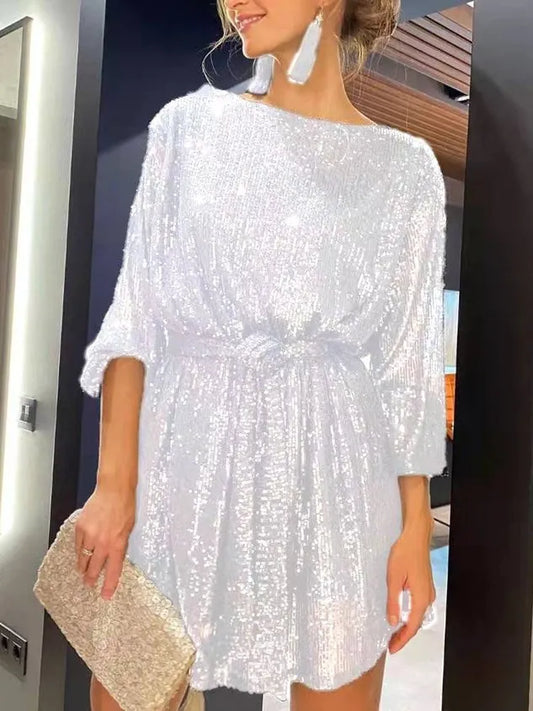 Women Plain Crew Neck Three Quarter Sleeve Comfy Party Midi Dress