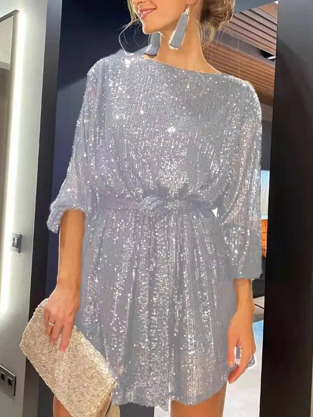 Women Plain Crew Neck Three Quarter Sleeve Comfy Party Midi Dress